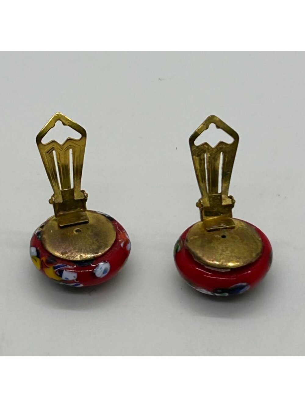 Millefiori Glass Clip-On Earrings Red Dome Multi-Color Mosaic Vintage - Picture 11 of 16